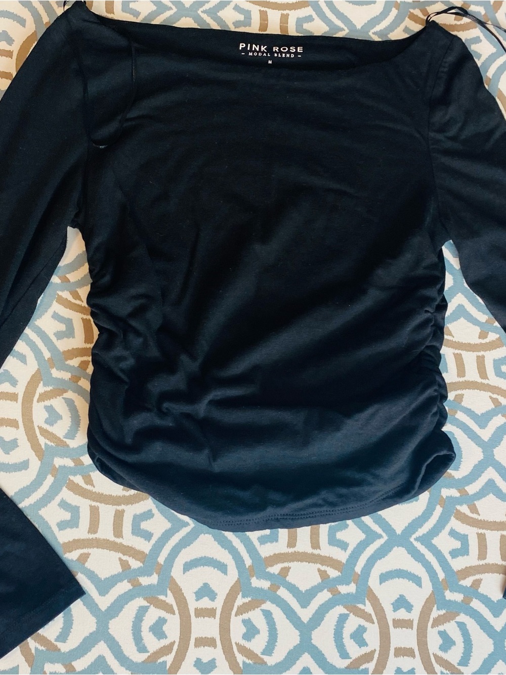 Pink Rose Black Long Sleeve Scoop Neck Top